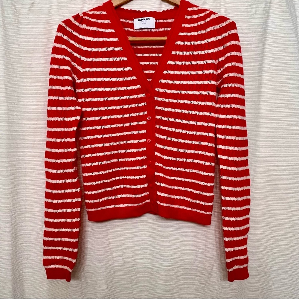 Old Navy Red and White Striped V-Neck Cardigan